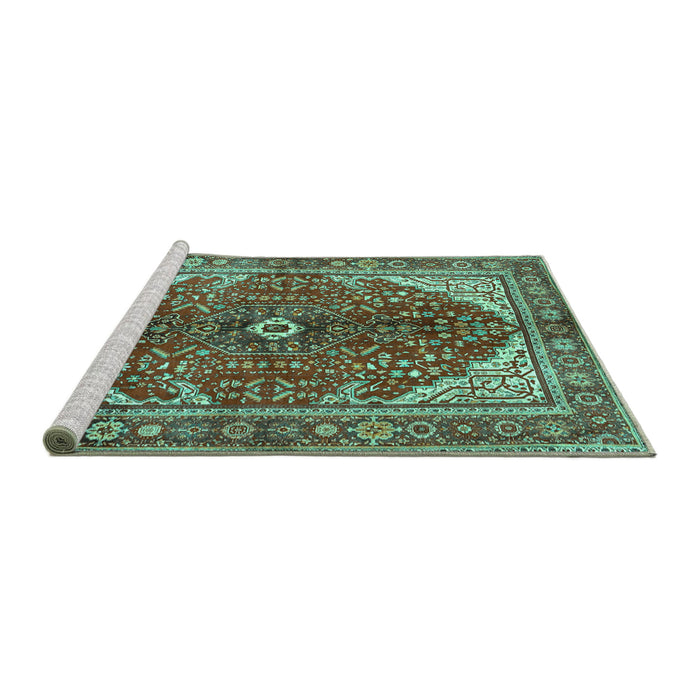 Sideview of Machine Washable Medallion Turquoise Traditional Area Rugs, wshtr3154turq