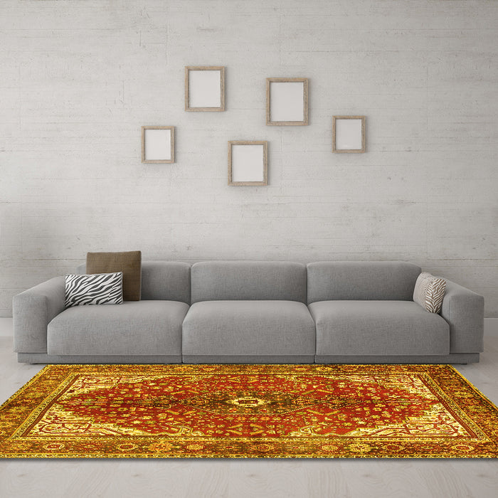 Machine Washable Medallion Yellow Traditional Rug in a Living Room, wshtr3154yw