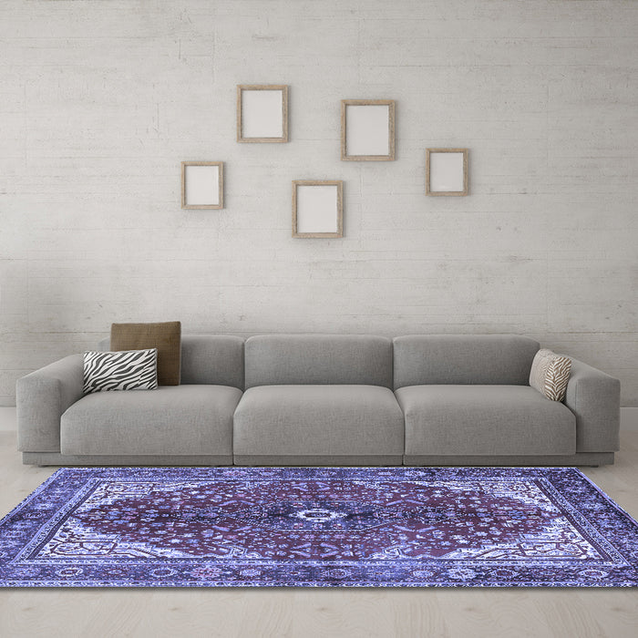 Machine Washable Medallion Blue Traditional Rug in a Living Room, wshtr3154blu