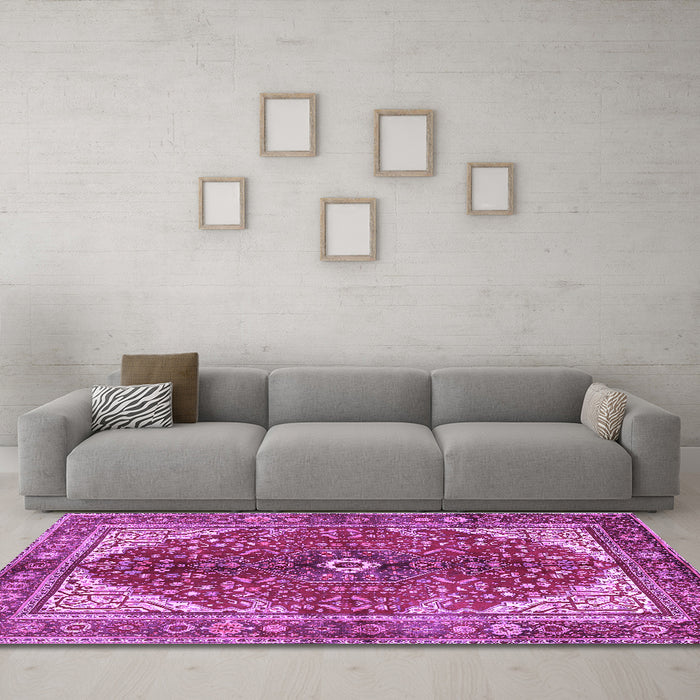 Machine Washable Medallion Purple Traditional Area Rugs in a Living Room, wshtr3154pur