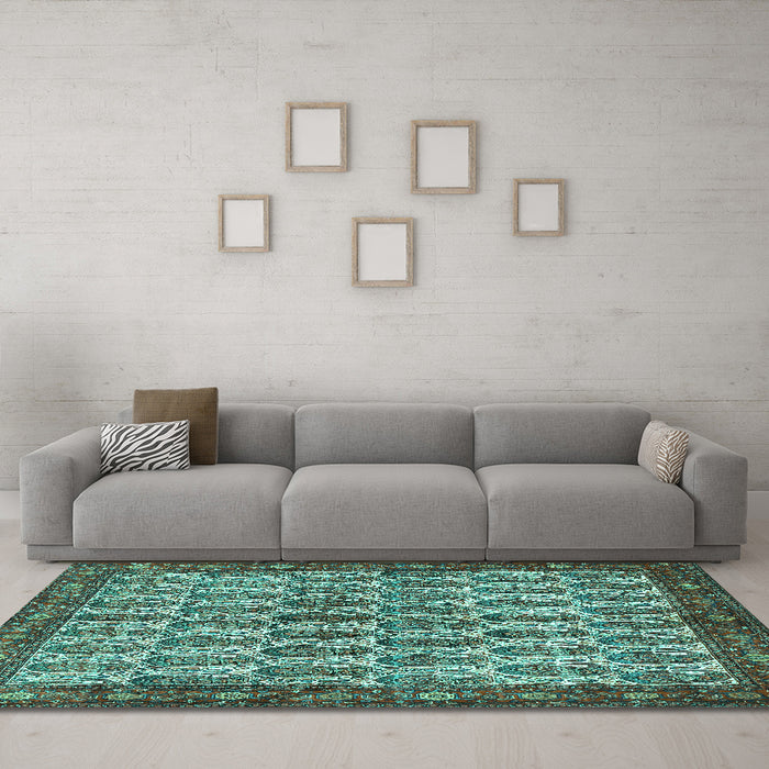Machine Washable Persian Turquoise Traditional Area Rugs in a Living Room,, wshtr3155turq