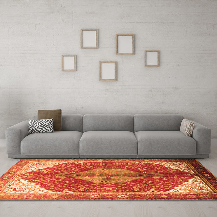 Machine Washable Medallion Orange Traditional Area Rugs in a Living Room, wshtr3156org