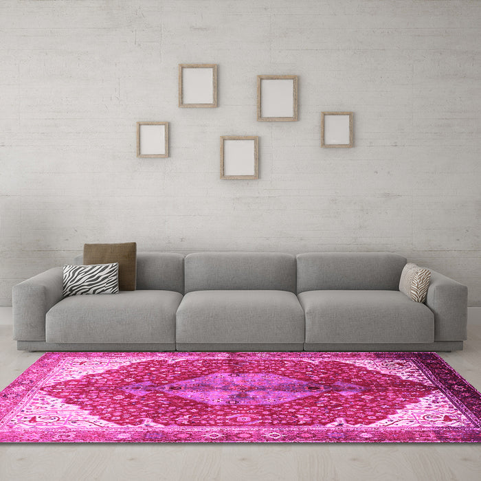Machine Washable Medallion Pink Traditional Rug in a Living Room, wshtr3156pnk