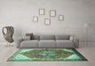 Machine Washable Medallion Turquoise Traditional Area Rugs in a Living Room,, wshtr3156turq