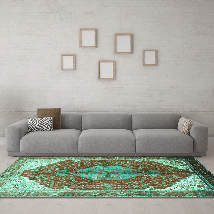 Machine Washable Medallion Turquoise Traditional Area Rugs in a Living Room,, wshtr3156turq