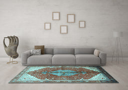 Machine Washable Medallion Light Blue Traditional Rug in a Living Room, wshtr3156lblu