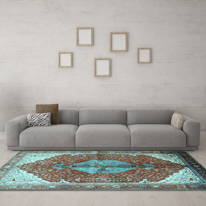Machine Washable Medallion Light Blue Traditional Rug in a Living Room, wshtr3156lblu