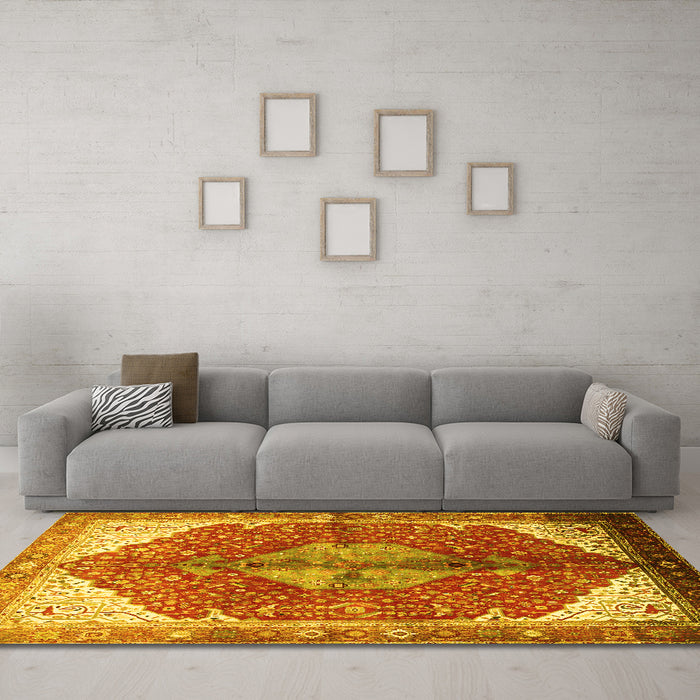 Machine Washable Medallion Yellow Traditional Rug in a Living Room, wshtr3156yw