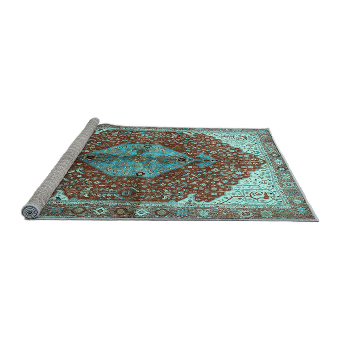 Sideview of Machine Washable Medallion Light Blue Traditional Rug, wshtr3156lblu