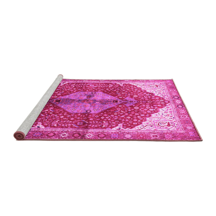 Sideview of Machine Washable Medallion Pink Traditional Rug, wshtr3156pnk
