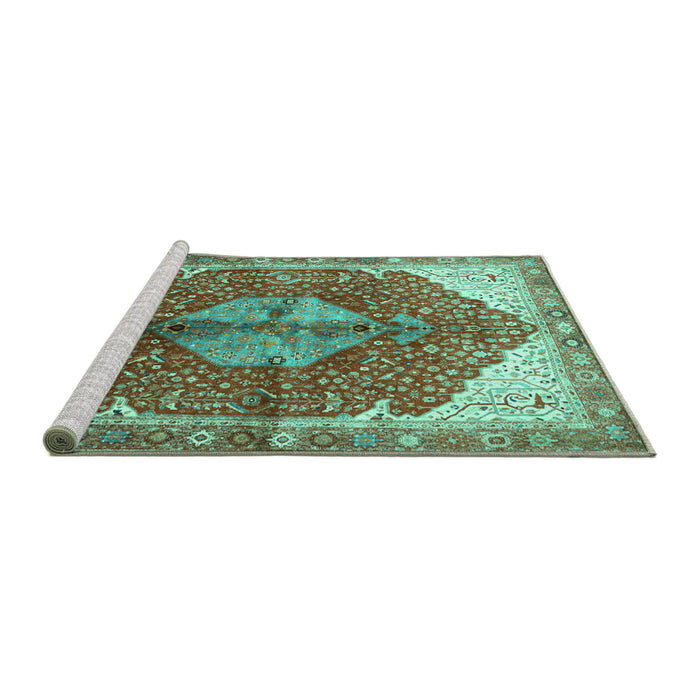 Sideview of Machine Washable Medallion Turquoise Traditional Area Rugs, wshtr3156turq