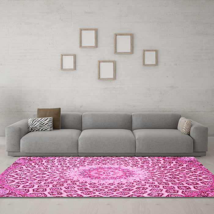 Machine Washable Medallion Pink Traditional Rug in a Living Room, wshtr3157pnk