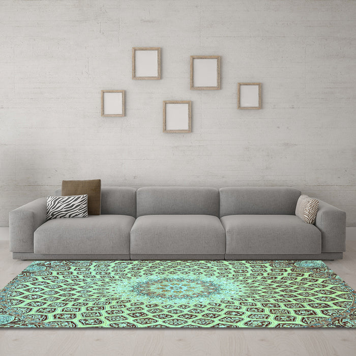 Machine Washable Medallion Light Blue Traditional Rug in a Living Room, wshtr3157lblu