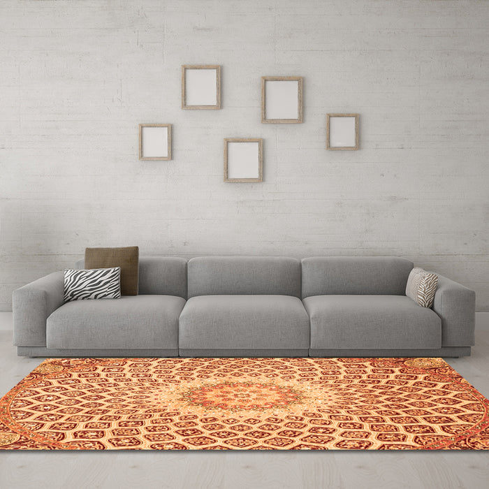 Machine Washable Medallion Orange Traditional Area Rugs in a Living Room, wshtr3157org