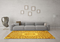 Machine Washable Medallion Yellow Traditional Rug in a Living Room, wshtr3157yw