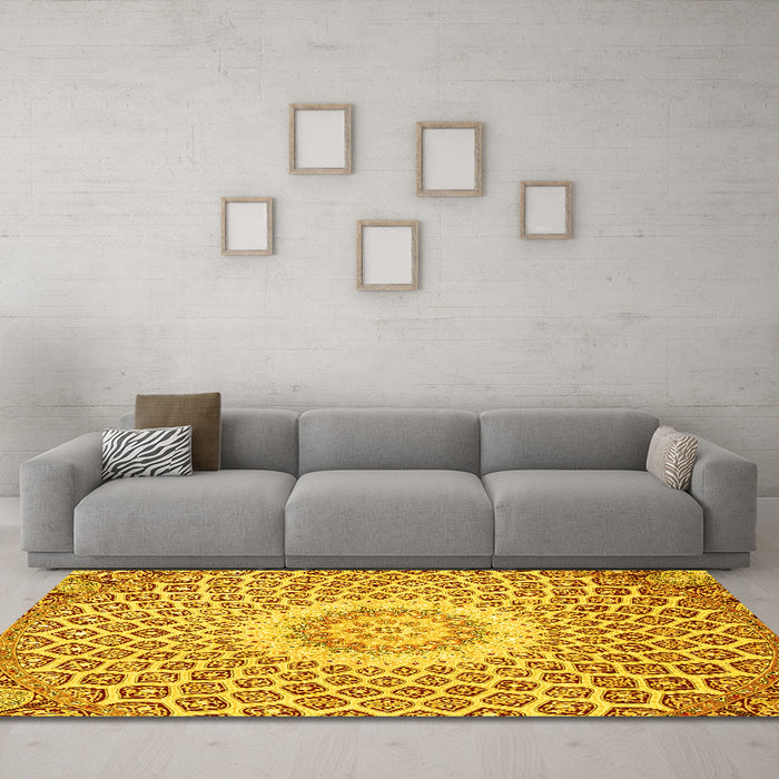 Machine Washable Medallion Yellow Traditional Rug in a Living Room, wshtr3157yw