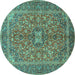 Round Machine Washable Medallion Turquoise Traditional Area Rugs, wshtr3158turq