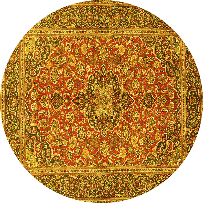 Round Machine Washable Medallion Yellow Traditional Rug, wshtr3158yw