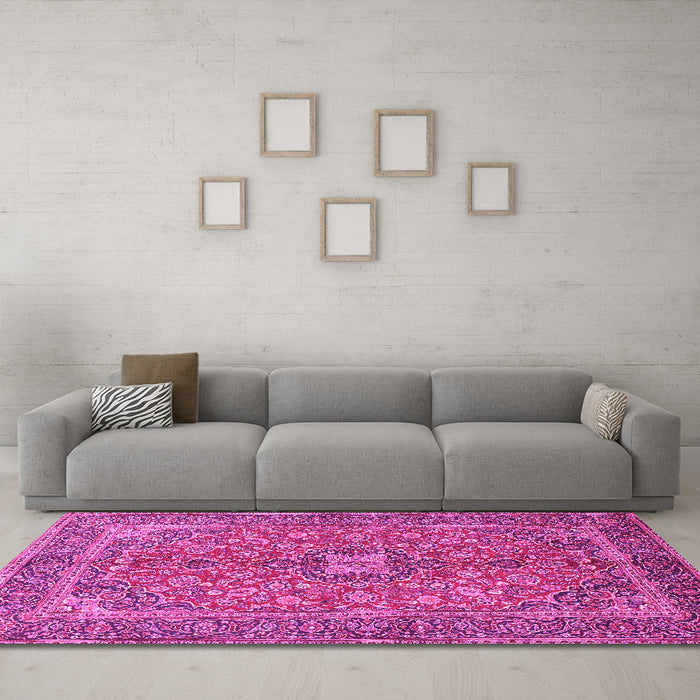 Machine Washable Medallion Pink Traditional Rug in a Living Room, wshtr3158pnk