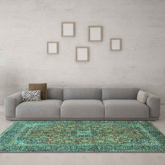 Machine Washable Medallion Turquoise Traditional Area Rugs in a Living Room,, wshtr3158turq