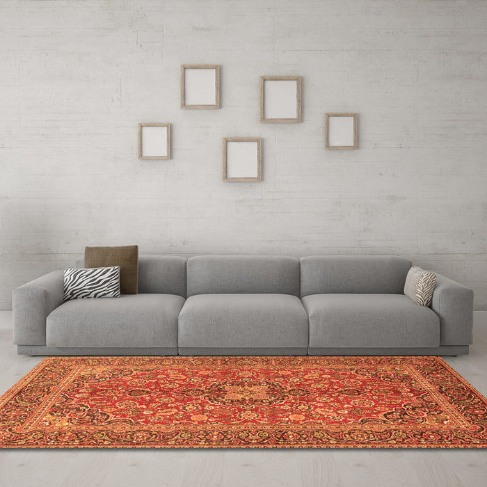 Machine Washable Medallion Orange Traditional Area Rugs in a Living Room, wshtr3158org