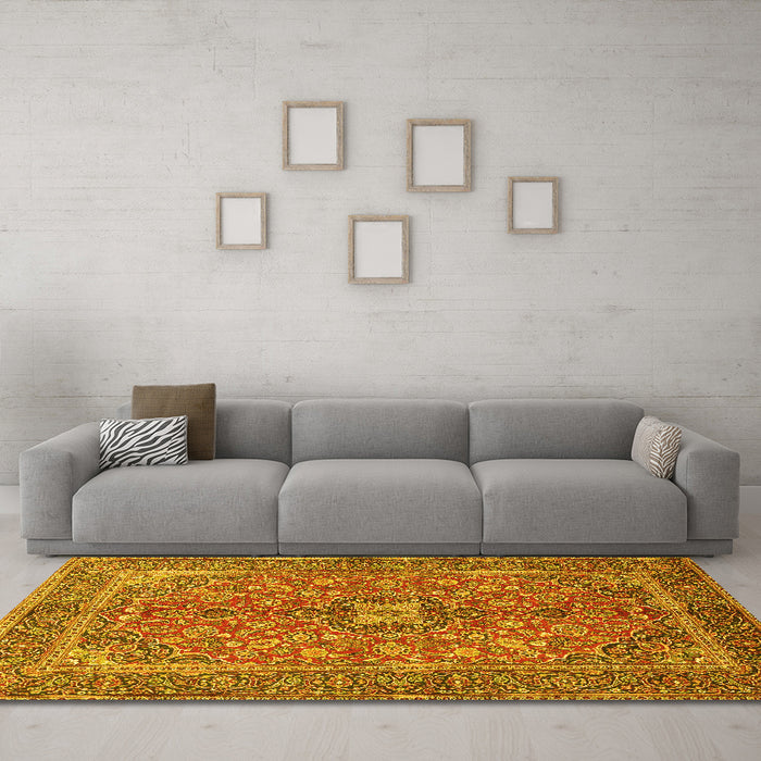 Machine Washable Medallion Yellow Traditional Rug in a Living Room, wshtr3158yw