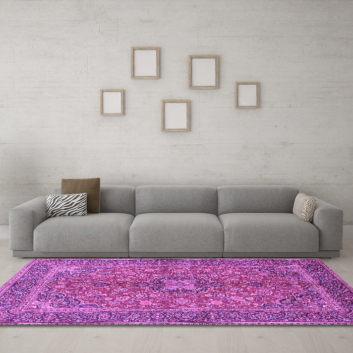 Machine Washable Medallion Purple Traditional Area Rugs in a Living Room, wshtr3158pur