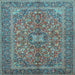 Square Machine Washable Medallion Light Blue Traditional Rug, wshtr3158lblu