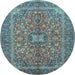 Round Machine Washable Medallion Light Blue Traditional Rug, wshtr3158lblu