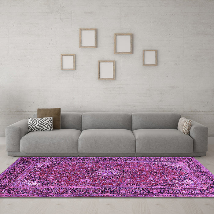 Machine Washable Persian Purple Traditional Area Rugs in a Living Room, wshtr3159pur