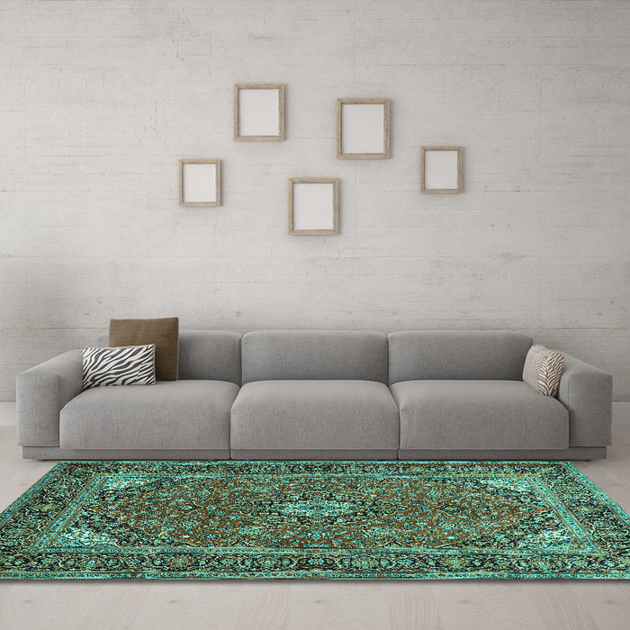 Machine Washable Persian Turquoise Traditional Area Rugs in a Living Room,, wshtr3159turq