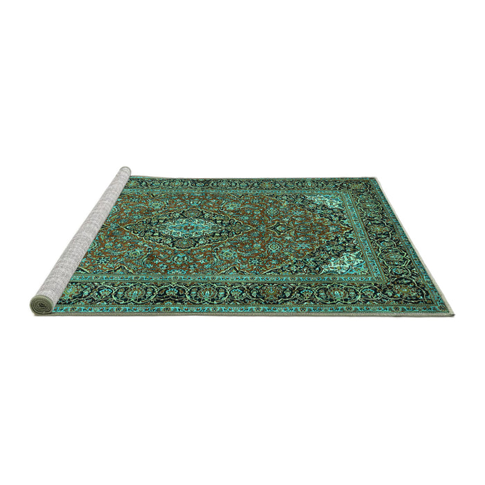 Sideview of Machine Washable Persian Turquoise Traditional Area Rugs, wshtr3159turq