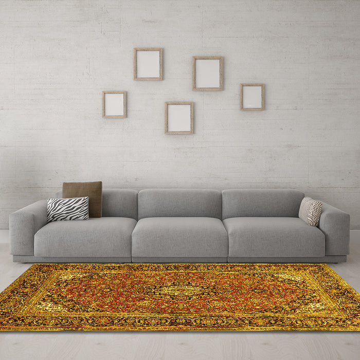 Machine Washable Persian Yellow Traditional Rug in a Living Room, wshtr3159yw