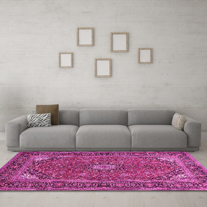 Machine Washable Persian Pink Traditional Rug in a Living Room, wshtr3159pnk