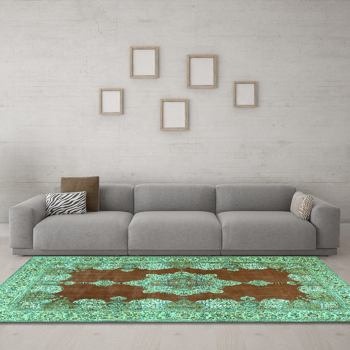 Machine Washable Persian Turquoise Traditional Area Rugs in a Living Room,, wshtr3161turq