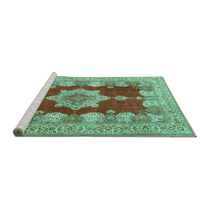 Sideview of Machine Washable Persian Turquoise Traditional Area Rugs, wshtr3161turq