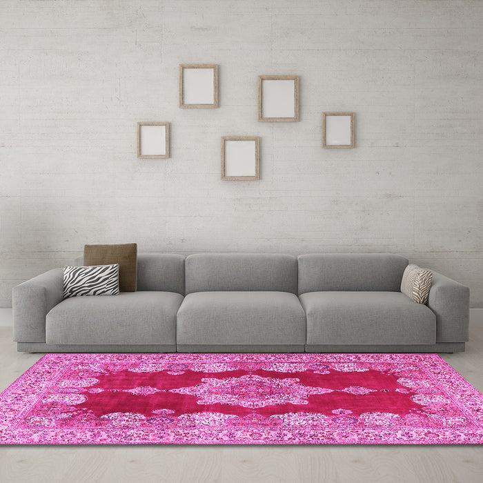 Machine Washable Persian Pink Traditional Rug in a Living Room, wshtr3161pnk