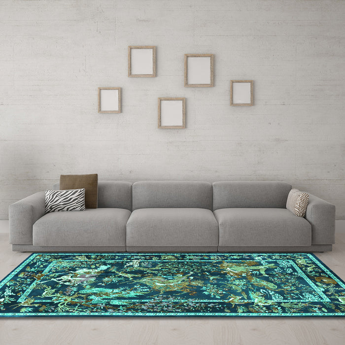 Machine Washable Persian Turquoise Traditional Area Rugs in a Living Room,, wshtr3162turq
