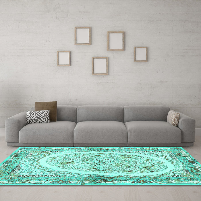 Machine Washable Persian Turquoise Traditional Area Rugs in a Living Room,, wshtr3163turq