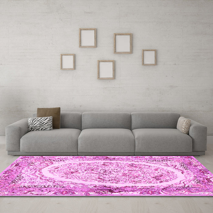 Machine Washable Persian Pink Traditional Rug in a Living Room, wshtr3163pnk