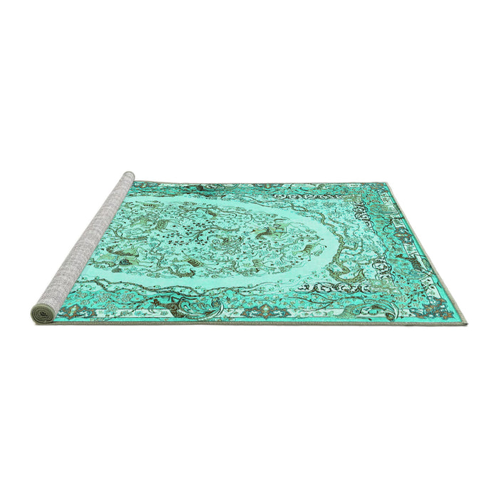Sideview of Machine Washable Persian Turquoise Traditional Area Rugs, wshtr3163turq