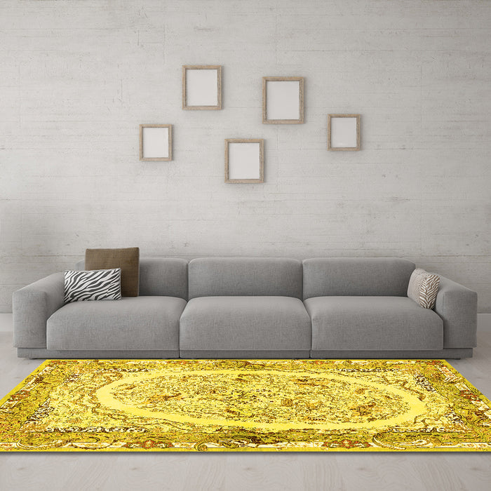 Machine Washable Persian Yellow Traditional Rug in a Living Room, wshtr3163yw