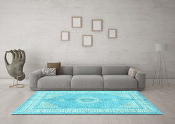 Machine Washable Medallion Light Blue Traditional Rug in a Living Room, wshtr3164lblu