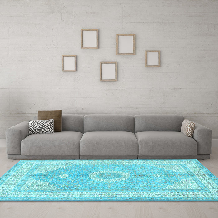 Machine Washable Medallion Light Blue Traditional Rug in a Living Room, wshtr3164lblu