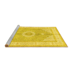 Sideview of Machine Washable Medallion Yellow Traditional Rug, wshtr3164yw