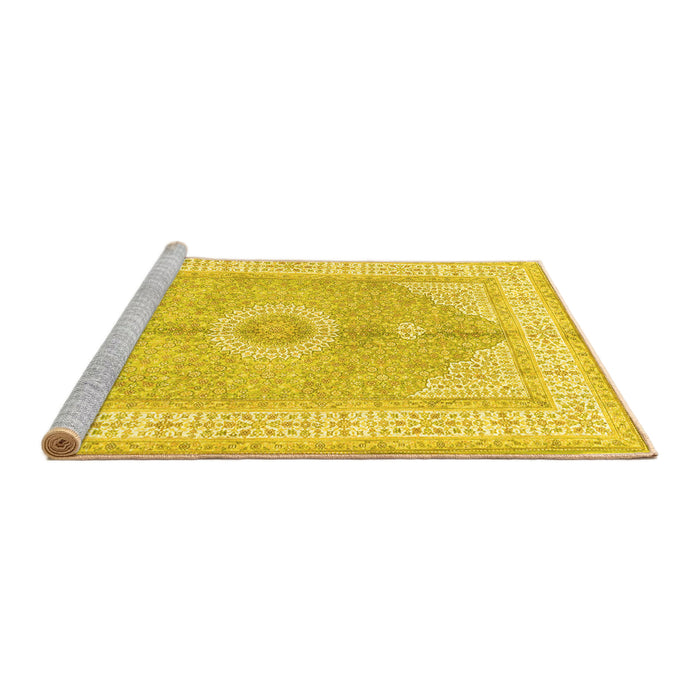 Sideview of Machine Washable Medallion Yellow Traditional Rug, wshtr3164yw
