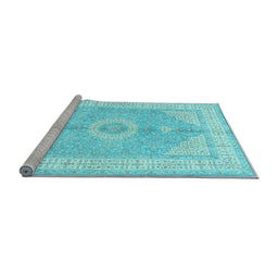 Sideview of Machine Washable Medallion Light Blue Traditional Rug, wshtr3164lblu