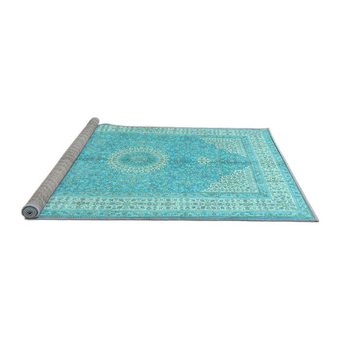 Sideview of Machine Washable Medallion Light Blue Traditional Rug, wshtr3164lblu