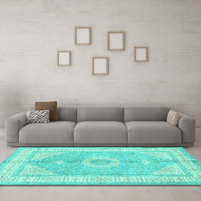 Machine Washable Medallion Turquoise Traditional Area Rugs in a Living Room,, wshtr3164turq