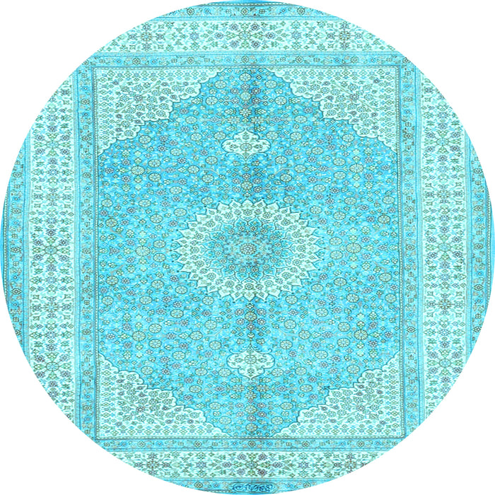 Round Machine Washable Medallion Light Blue Traditional Rug, wshtr3164lblu